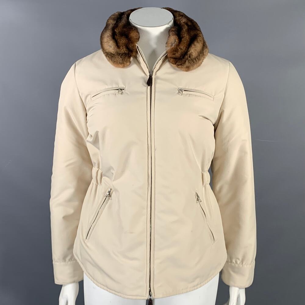 AGNONA Size 10 Cream Polyester Removable Fur Collar Zip Up Jacket